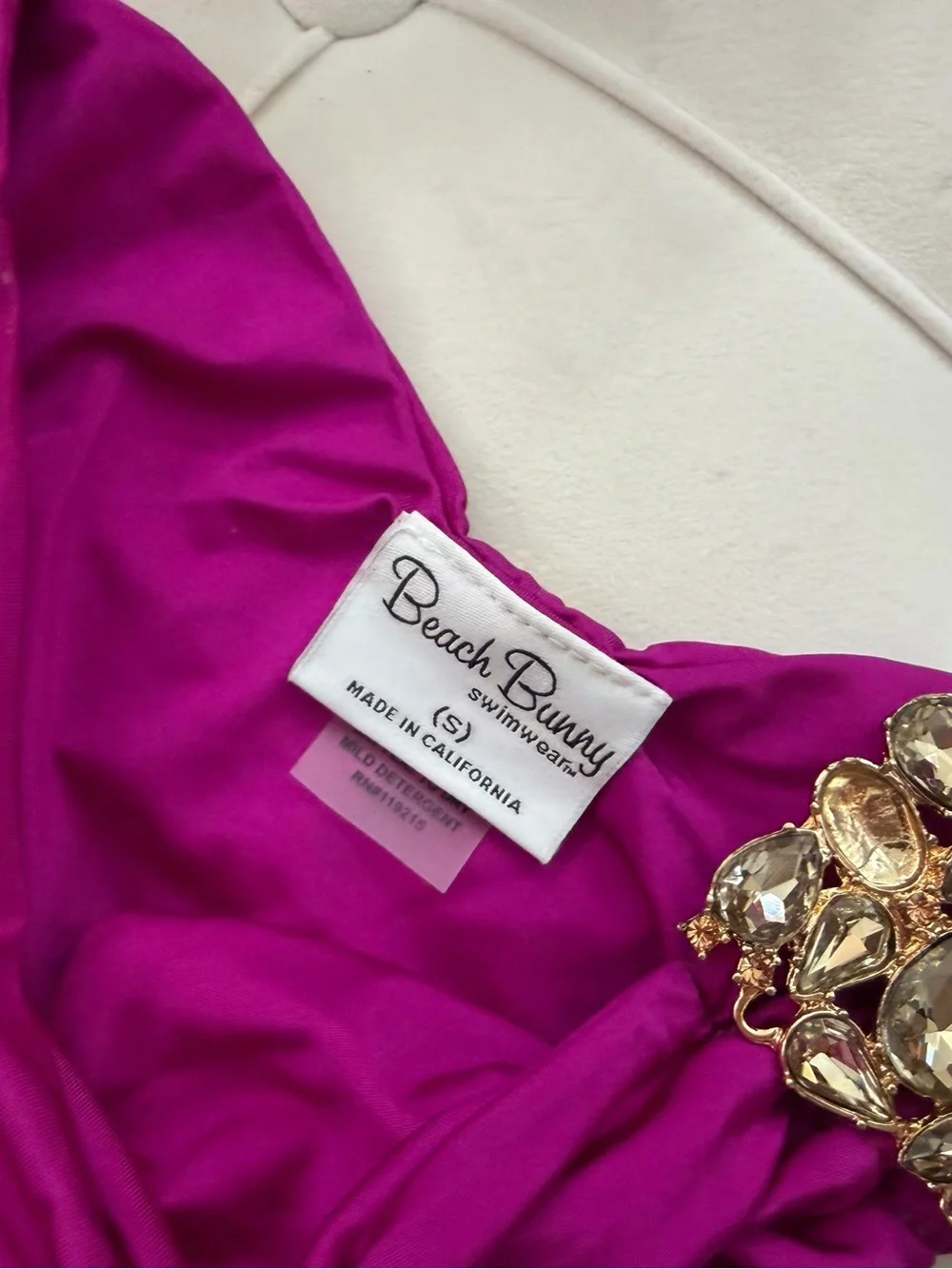 Beach Bunny Magenta Bandeau Bikini with Gold Gem Embellishments: read!